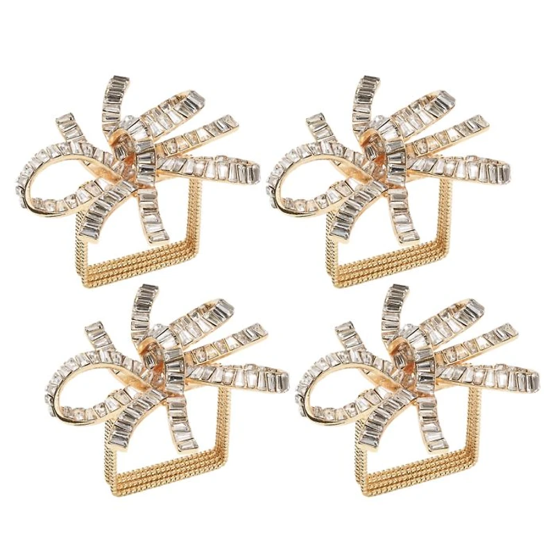 Jeweled Bow Napkin Ring in Gold & Crystal, Set of 4 in a Gift Box