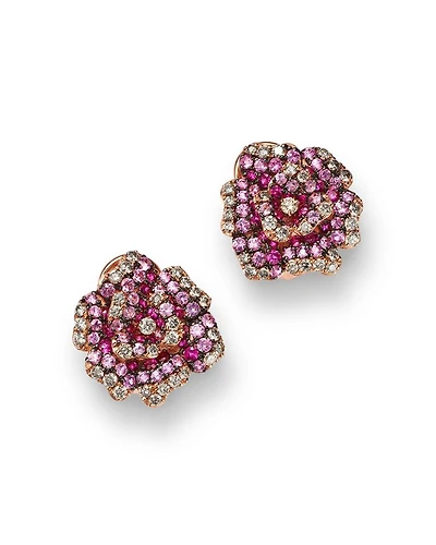 Pink Sapphire & Diamond Rose Flower Earrings in 14K Rose Gold