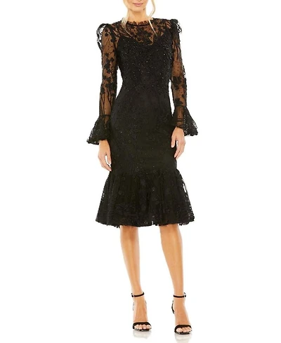 Ruffle Wrist Embellished High Neck Midi Dress
