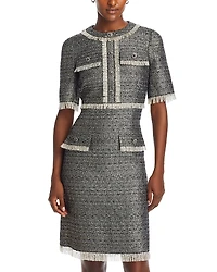 Teri Jon by Rickie Freeman Metallic Tweed Fringe Trim Dress