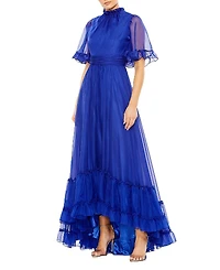 Mac Duggal High Neck Flutter Sleeve Low Hem Gown