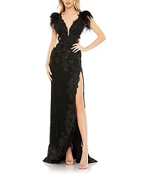 Mac Duggal Feather Cap Sleeve Lace Gown