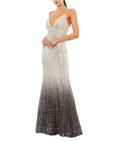 Mac Duggal Plunge Neck Ombre Sequin Gown