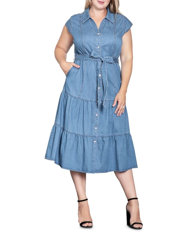 Plus Tiered Denim Midi Dress