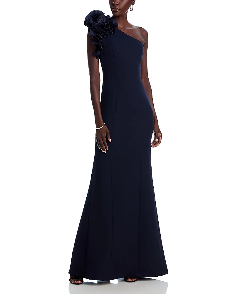 Teri Jon by Rickie Freeman Pleated Ruffle Evening Gown