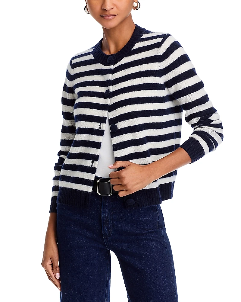 C by Bloomingdale's Cashmere Striped Crewneck Cardigan - Exclusive