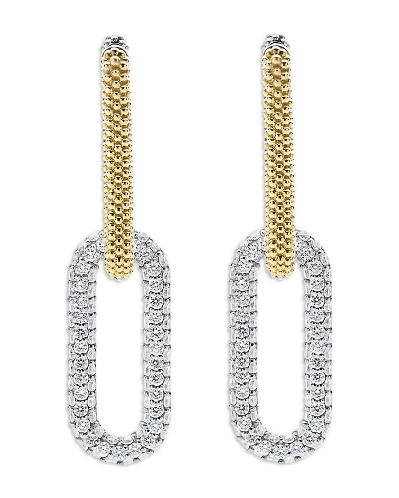 18K Yellow Gold & Silver Caviar Lux-Clip Diamond Link Drop Earrings