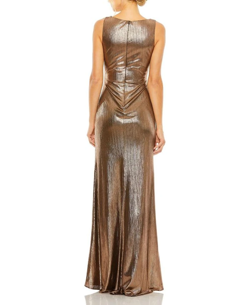 Metallic Ruched Detail Front Slip V Neck Gown