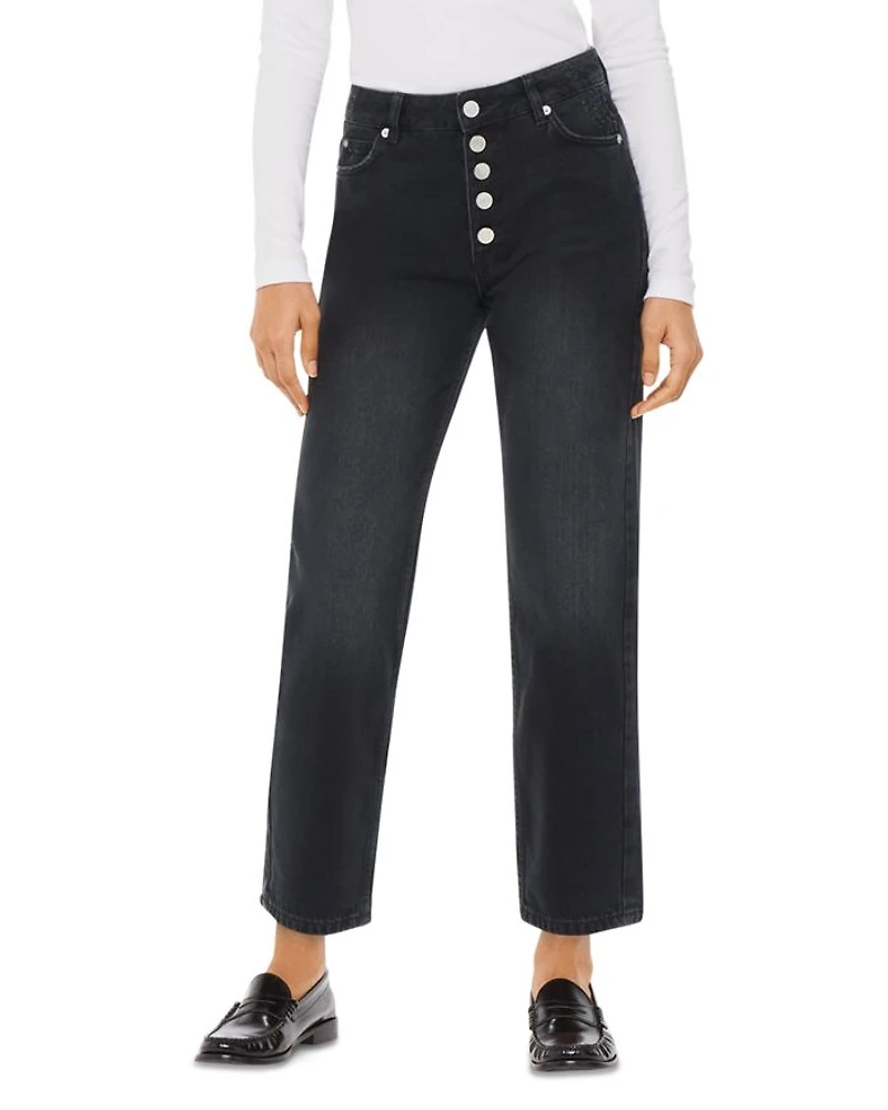 Hollie Button Front High Rise Cropped Straight Jeans Black
