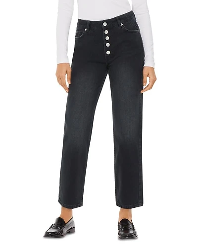 Hollie Button Front High Rise Cropped Straight Jeans Black