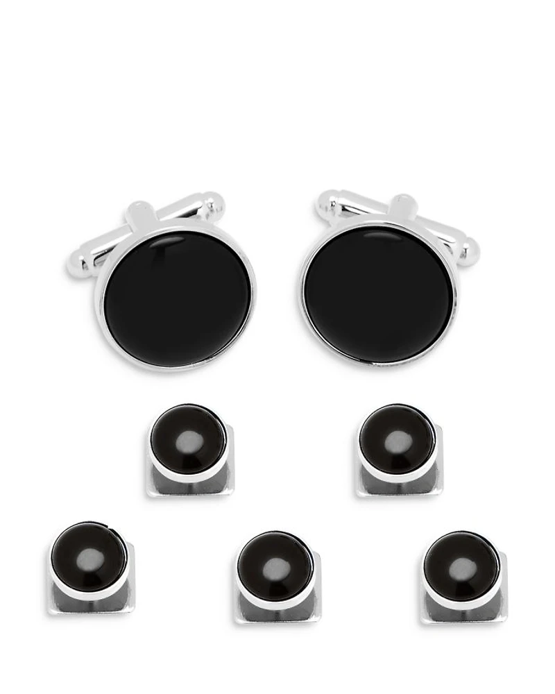 Onyx Inlay Silver Plated Round Stud & Cufflink Set
