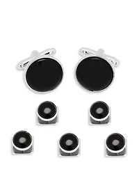 Onyx Inlay Silver Plated Round Stud & Cufflink Set