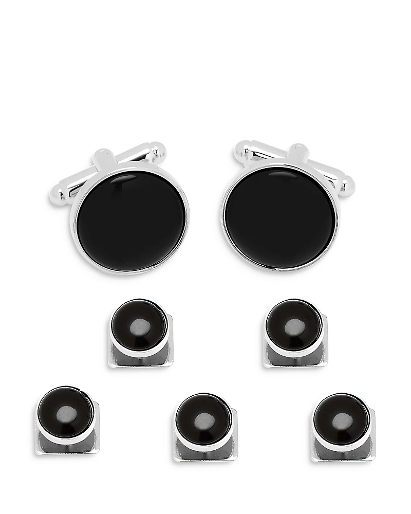 Cufflinks Inc Onyx Inlay Silver Plated Round Stud & Cufflink Set