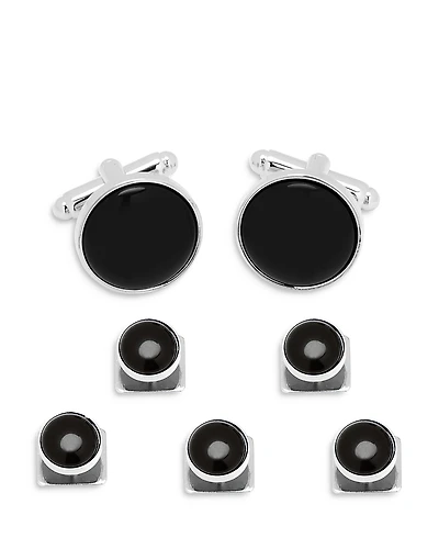 Cufflinks Inc Onyx Inlay Silver Plated Round Stud & Cufflink Set
