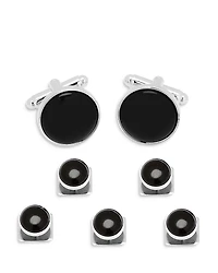 Cufflinks Inc Onyx Inlay Silver Plated Round Stud & Cufflink Set