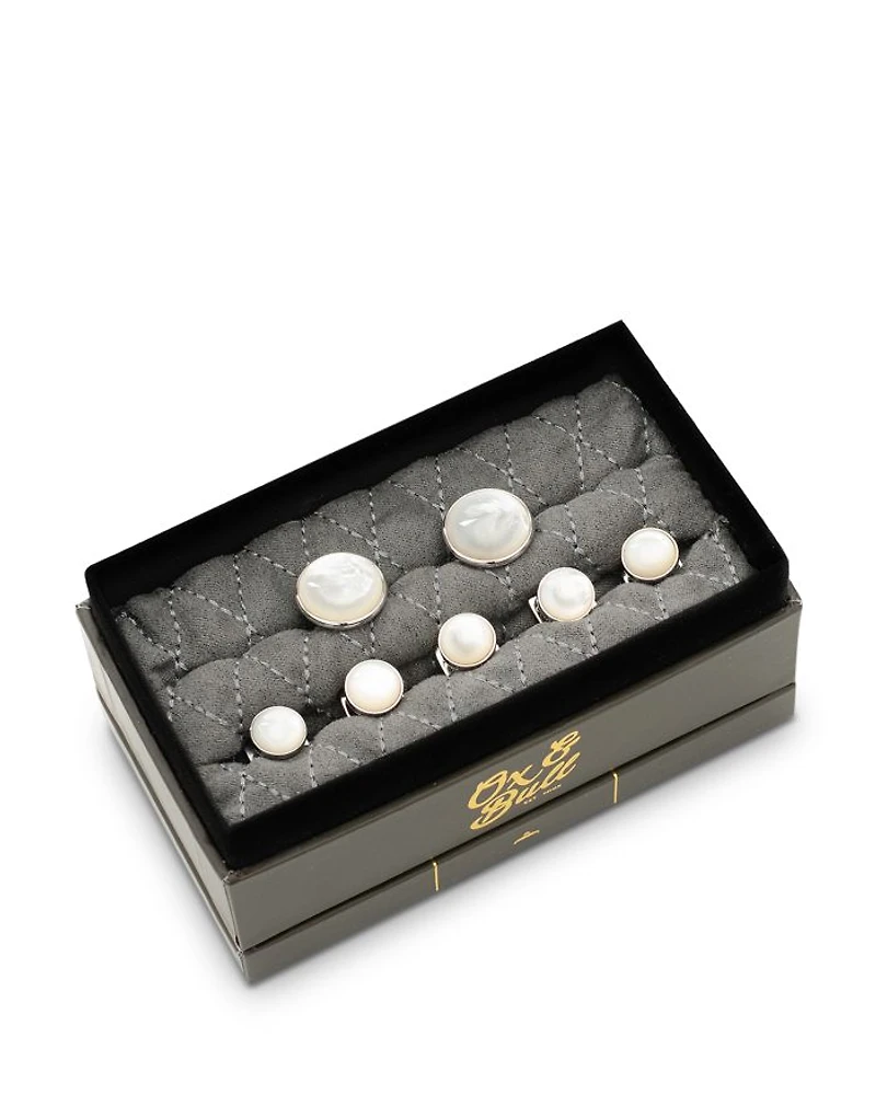 Mother of Pearl Inlay Rhodium Plated Round Stud & Cufflink Set