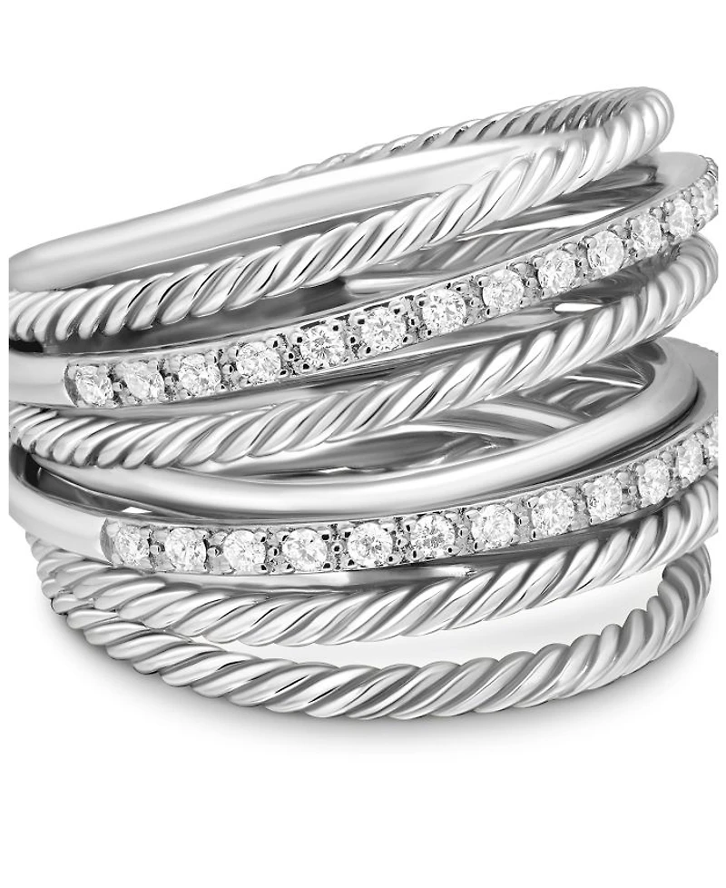 Sterling Silver Crossover Wide Ring with Diamonds