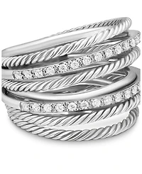 Sterling Silver Crossover Wide Ring with Diamonds
