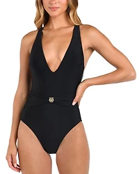 Lisa Solids Plunge Neck One Piece Swimsuit