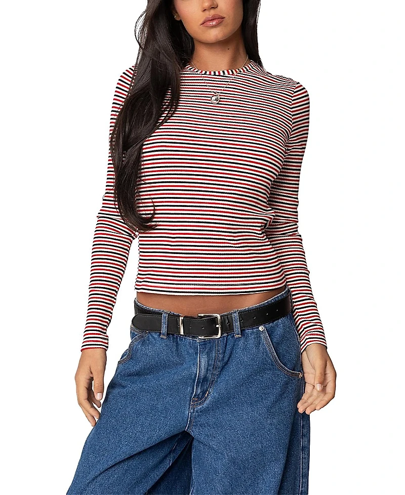 Edikted Corina Ribbed Stripey Long Sleeve T Shirt