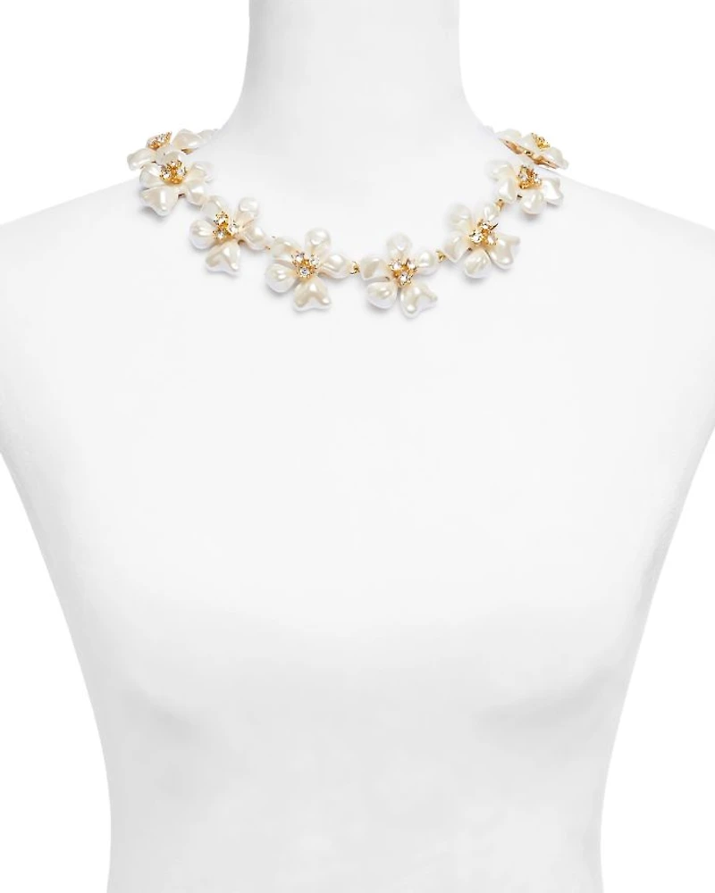 Imitation Pearl & Crystal Flower Statement Necklace, 15-19"