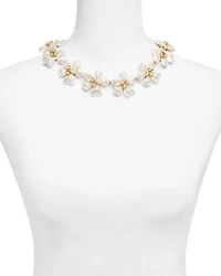 Imitation Pearl & Crystal Flower Statement Necklace, 15-19"