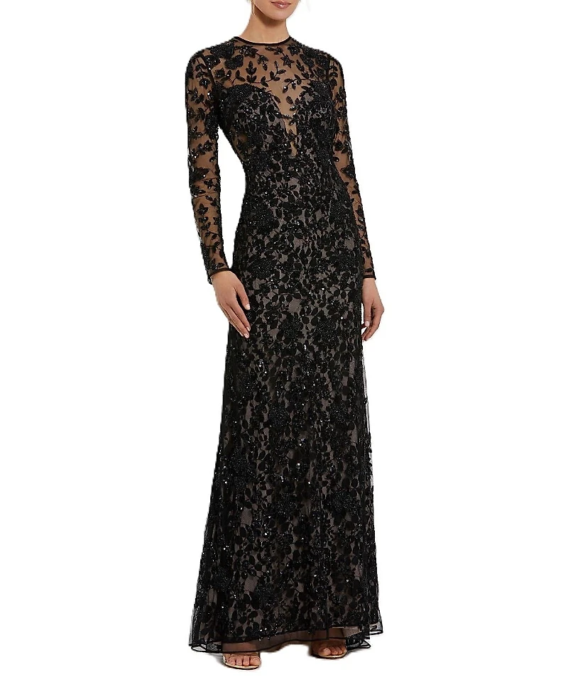 Mac Duggal Long Sleeve Floral Embellished Gown
