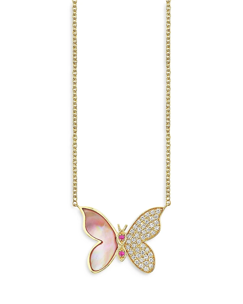 Sydney Evan Wicked x Sydney Evan 14K Yellow Gold Glinda Diamond Pave Butterfly Pendant Necklace, 18