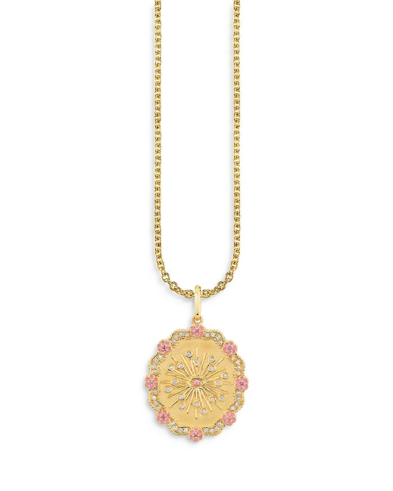 Wicked x Sydney Evan 14K Yellow Gold Glinda Wand Diamond & Pink Sapphire Coin Pendant Necklace, 18"