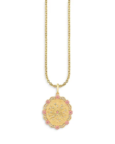 Wicked x Sydney Evan 14K Yellow Gold Glinda Wand Diamond & Pink Sapphire Coin Pendant Necklace, 18"