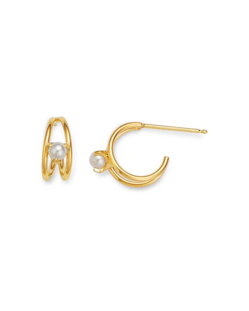 14K Yellow Gold Nested Prong Cultured Freshwater Pearl Double Wire Hoop Earrings