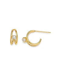 14K Yellow Gold Nested Prong Cultured Freshwater Pearl Double Wire Hoop Earrings