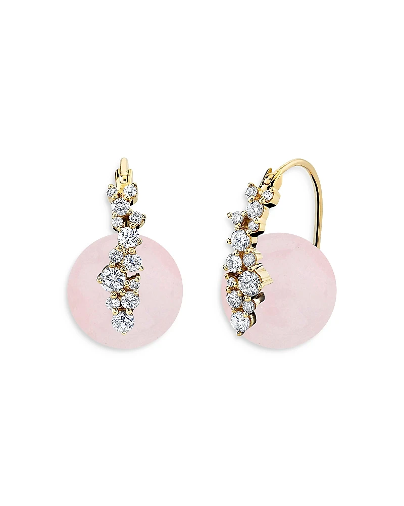 Sydney Evan 14K Yellow Gold Rose Quartz Bead & Diamond Huggie Hoop Earrings