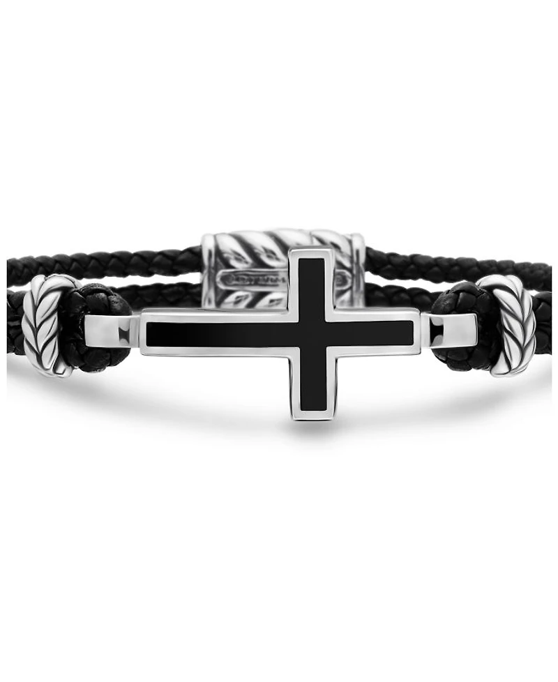 Men's Exotic Stone Cross Bracelet Black Leather with Sterling Silver and Onyx, 3mm