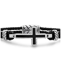 Men's Exotic Stone Cross Bracelet Black Leather with Sterling Silver and Onyx, 3mm