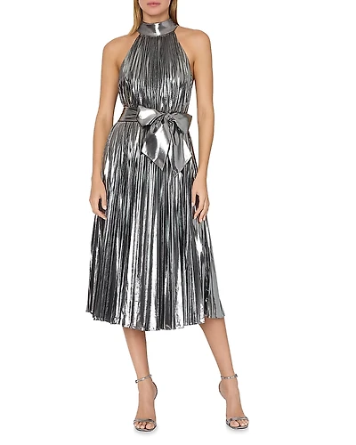Milly Idena Pleated Lame Halter Dress