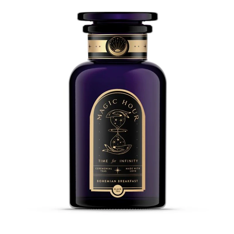 Bohemian Breakfast Black Tea Probiotic Rich Vanilla Puerh Tea for Digestion & Energy in Violet Glass Apothecary Jar, 6 oz.