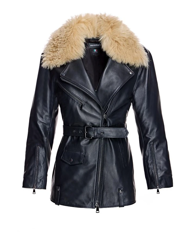 Leather Moto Jacket with Detachable Shearling Collar