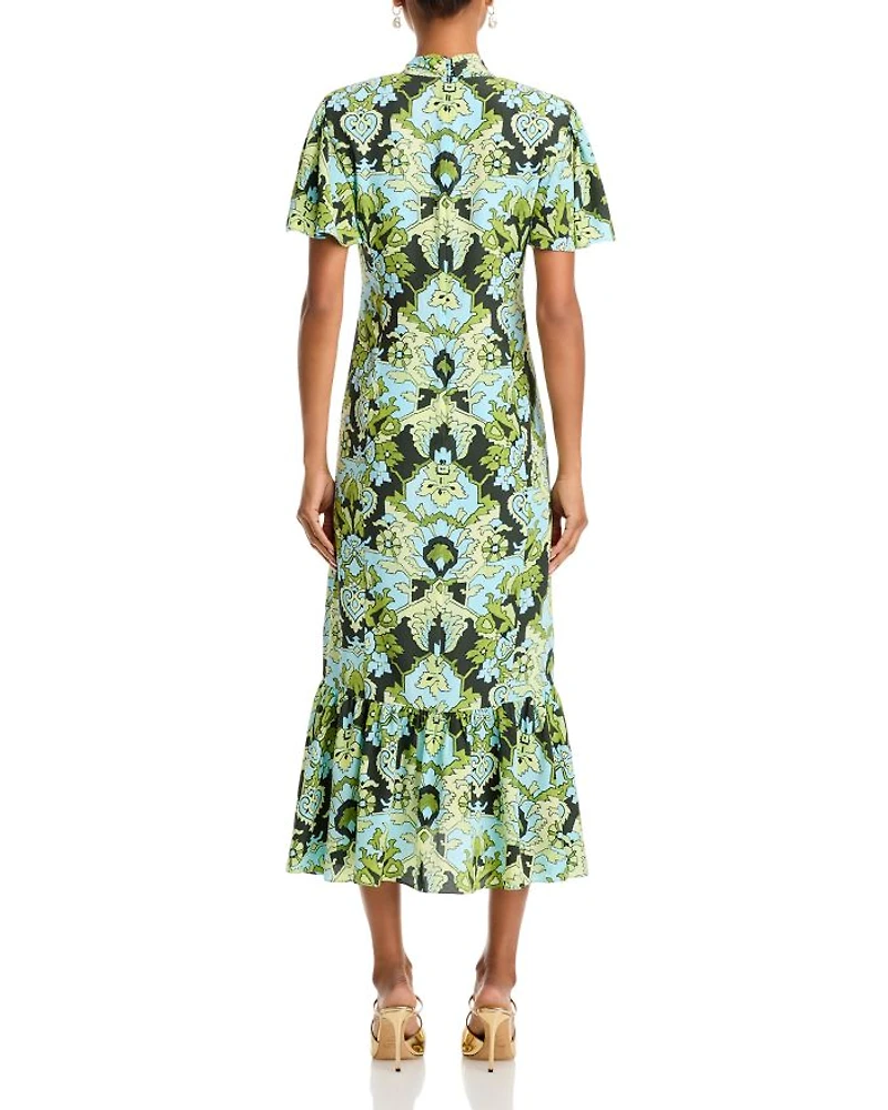 Damask Floral Tie Neck Ruched Midi Dress