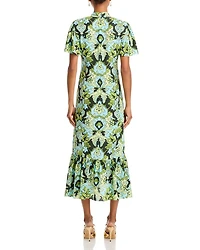 Damask Floral Tie Neck Ruched Midi Dress