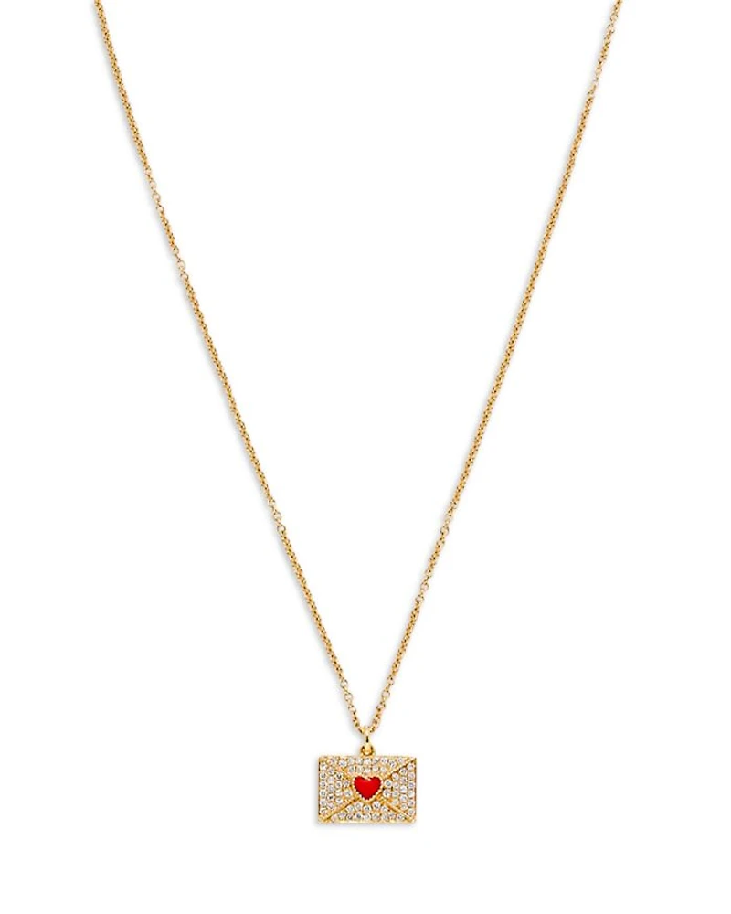 18K Yellow Gold Necklace Ma Declaration Gray Diamond & Red Heart Envelope Pendant Necklace, 16.53"