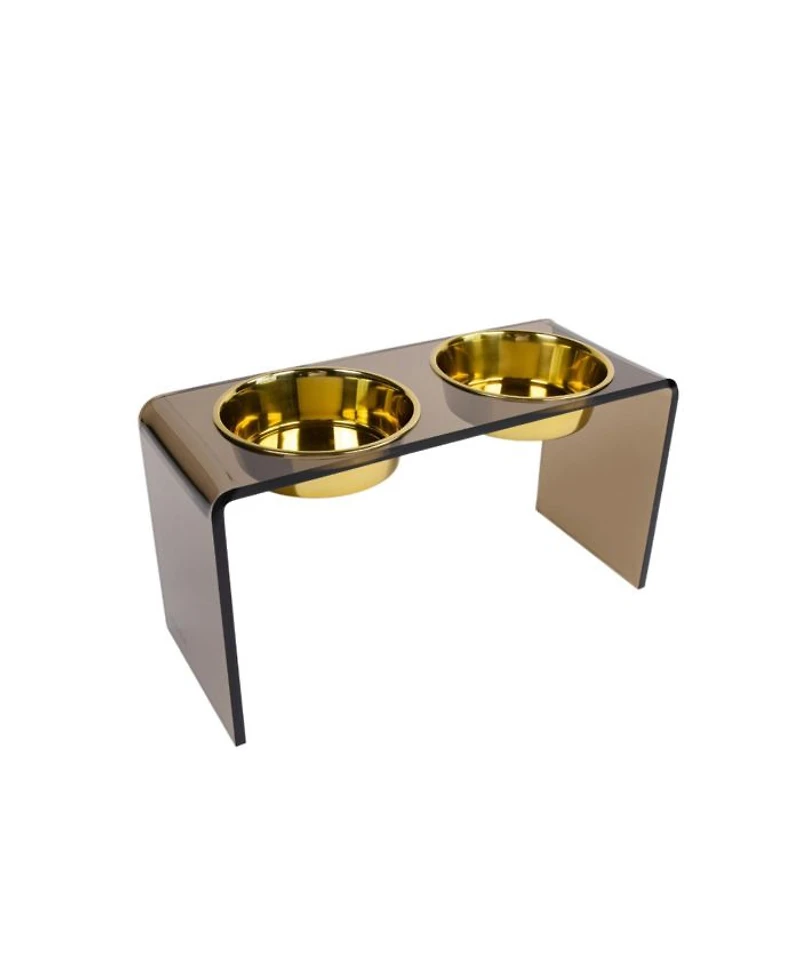 Large Smoke Bronze Double Bowl Pet Feeder, 2 Quart Bowls