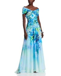 Chiffon Criss Cross Off-the-Shoulder Leaf Print Gown