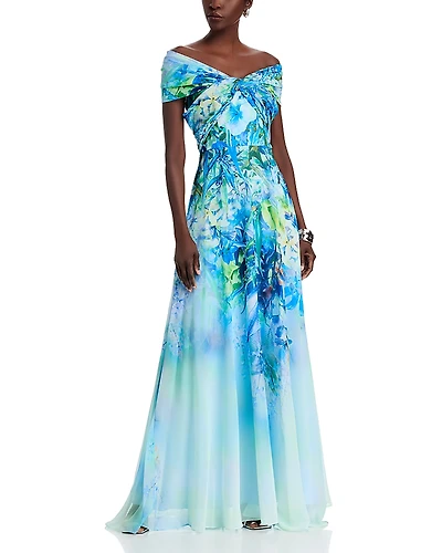 Teri Jon by Rickie Freeman Chiffon Criss Cross Off-the-Shoulder Leaf Print Gown