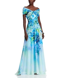 Teri Jon by Rickie Freeman Chiffon Criss Cross Off-the-Shoulder Leaf Print Gown