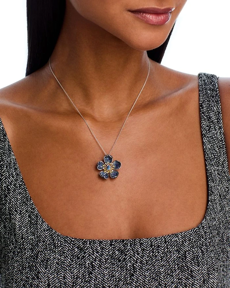 Sapphire & Diamond Flower Pendant Necklace in 14K Yellow & Gold