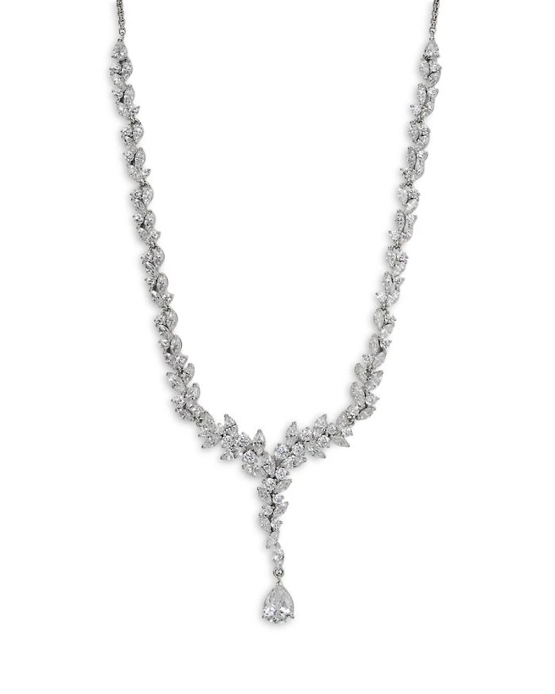 Sav Cubic Zirconia Cluster Lariat Necklace in Rhodium Plated, 16"-18"