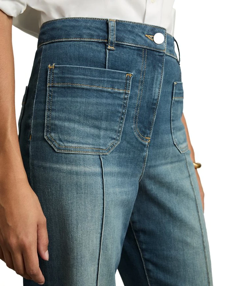 Sakura Patch Pocket High Rise Flare Jeans Mid Blue