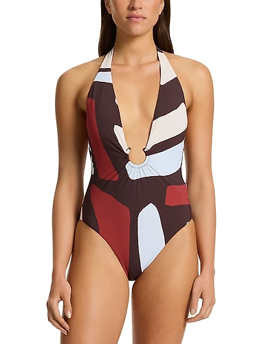 Jets Plunging Neck One Piece Swimsuit
