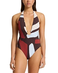Jets Plunging Neck One Piece Swimsuit